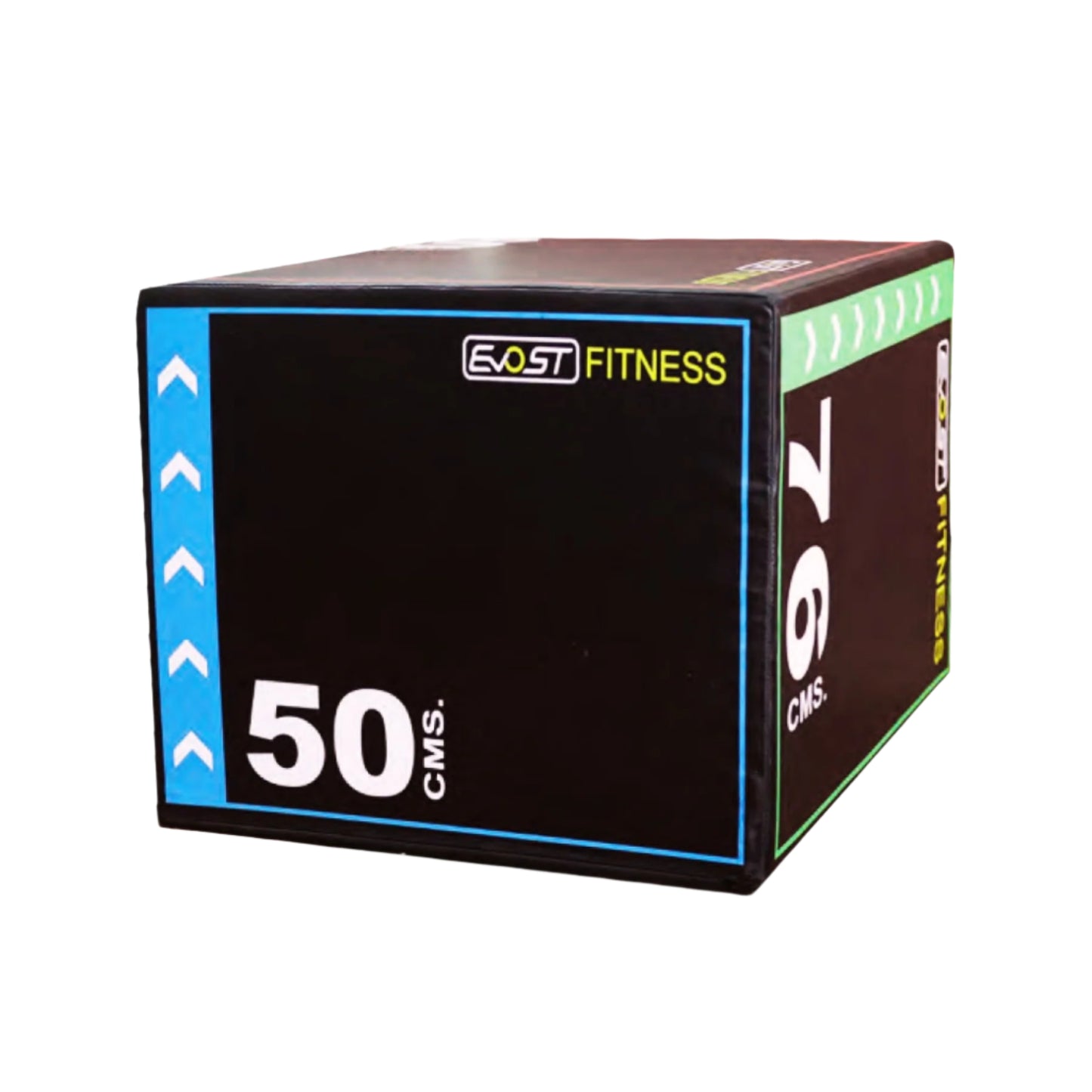 Plyo box with adjustable height labeled 'Exost Fitness' on a white background