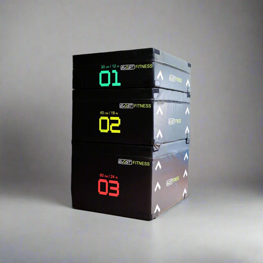 Stack of plyo boxes with digital display heights, branded as Exost Fitness on a white background.